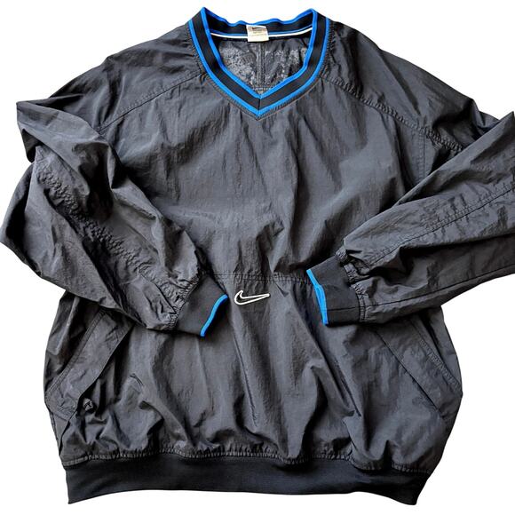 Vintage Nike V Neck Windbreaker Jacket Black Blue Trim XL 90s Y2K Streetwear - Picture 1 of 10